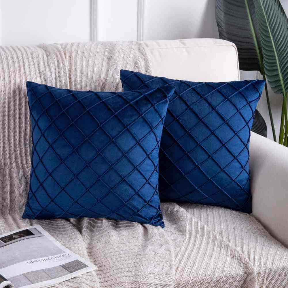 Pack of 2 Blue Velvet Cross pleated Cushion Cover - DecorStudio - CUSHIONS
