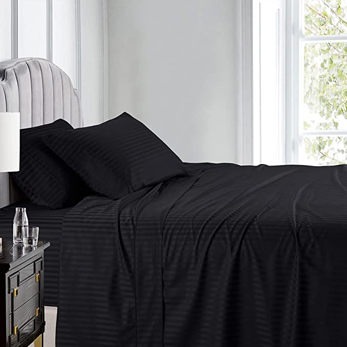 Satin Stripe Bedsheet with pillow covers- Black - DecorStudio - Fitted Sheet
