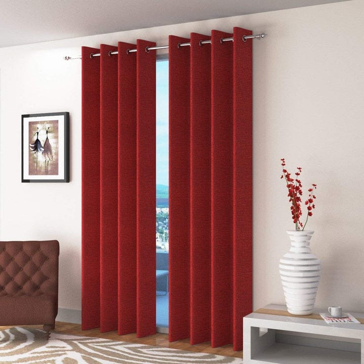 Pack of 2 Luxury Plain Jute Eyelet Curtains With linning - Maroon - DecorStudio - PLAIN DYED CURTAINS