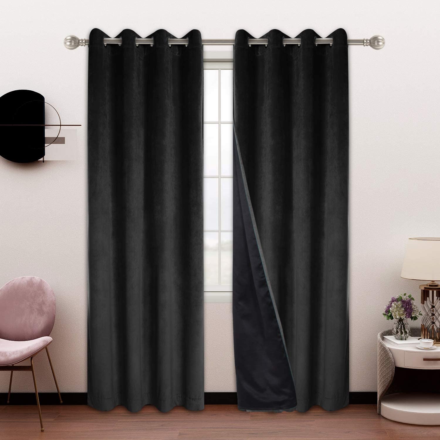 Plain Velvet Eyelet Curtains With black lining - Black - DecorStudio - PLAIN DYED CURTAINS