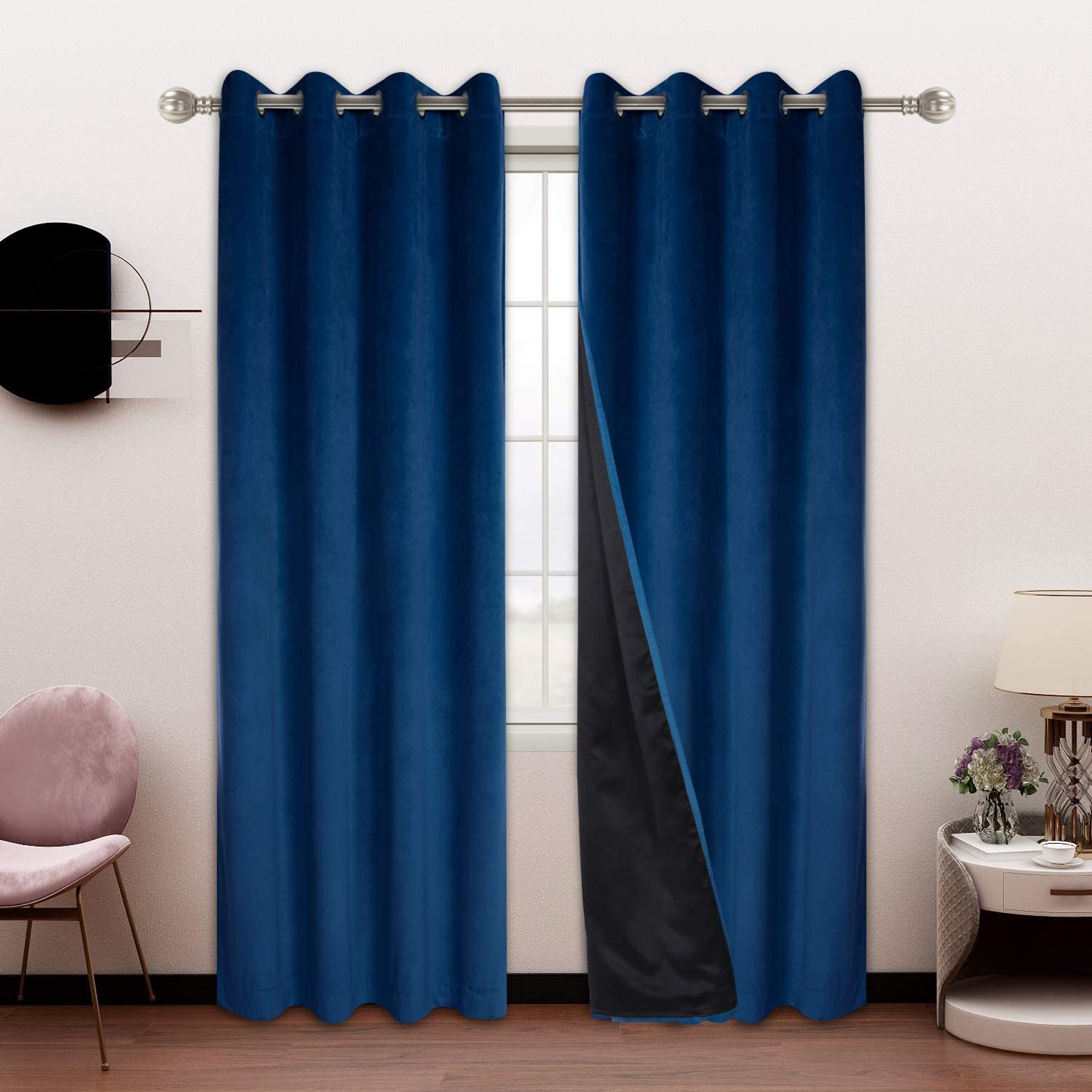 Plain Velvet Eyelet Curtains With black lining - Navy blue - DecorStudio - PLAIN DYED CURTAINS