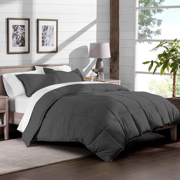 Luxury Plain Solid Box Summer Comforter Dark Grey- 3 Pieces - DecorStudio -
