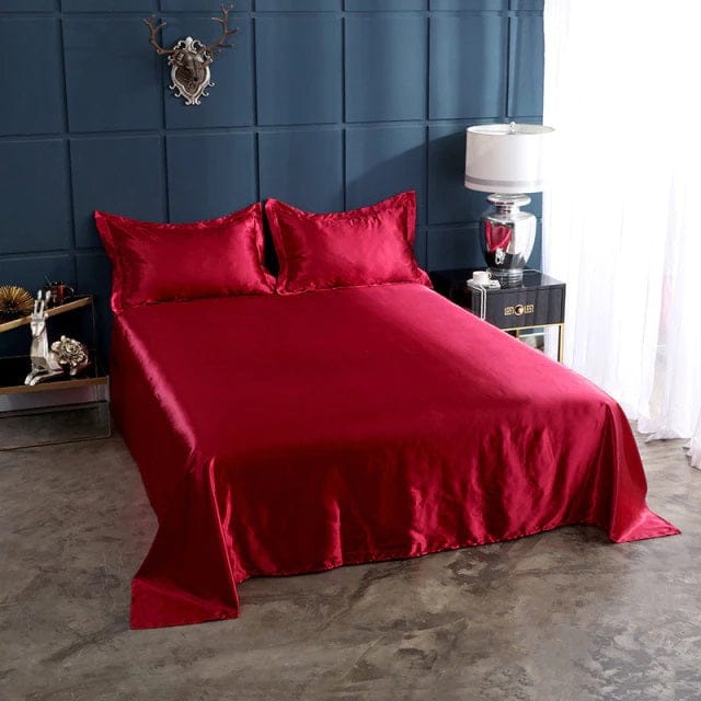 PLAIN RED PURE SlLK BEDSHEET WITH 2 PILLOW COVERS - DecorStudio - Bedsheet