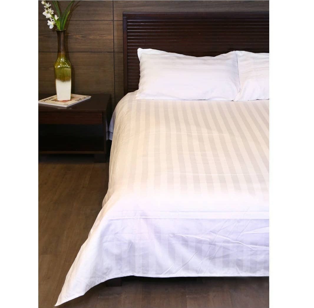 Satin Stripe Bedsheet with pillow covers- White - DecorStudio - Fitted Sheet