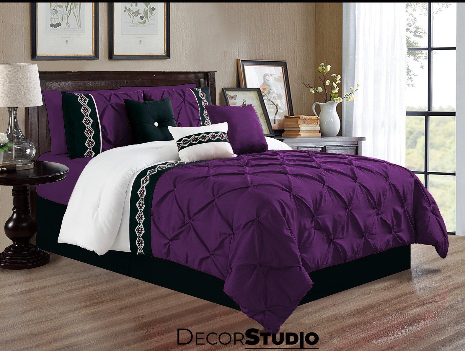 Artistically Embroidered Pintuck Purple Duvet Covers Set - 8 Pieces - DecorStudio -