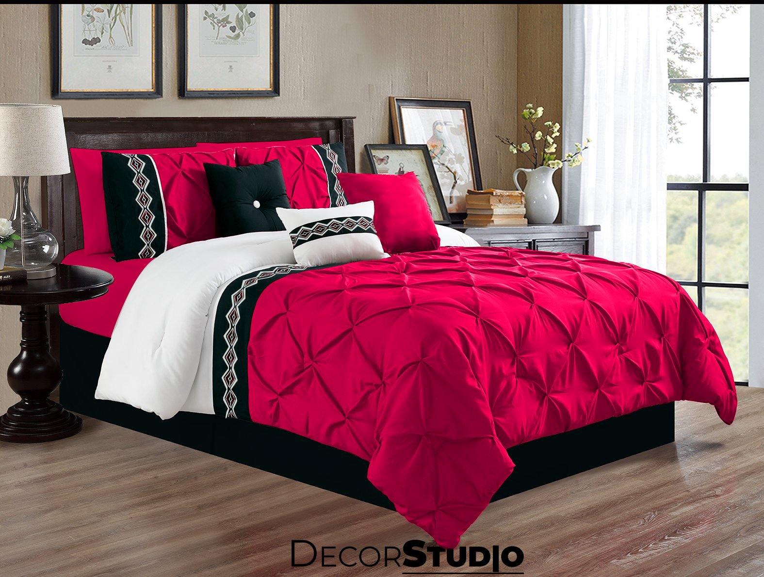 Artistically Embroidered Pintuck Shocking Pink Duvet Covers Set - 8 Pieces - DecorStudio -